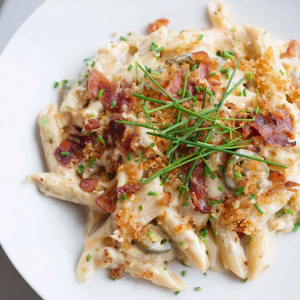 Creamy jalapeño popper pasta topped with crispy bacon, roasted jalapeños, and golden panko breadcrumbs in a white bowl.