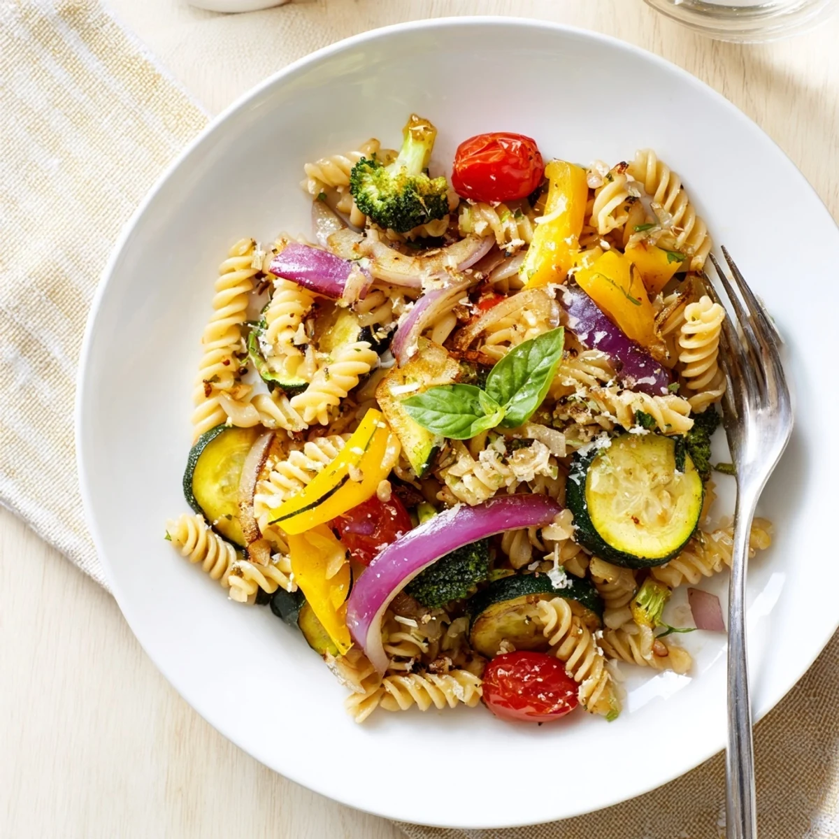 Pasta primavera served in a skillet with fresh basil and melted Parmesan, ideal for a family-style Italian dinner.  