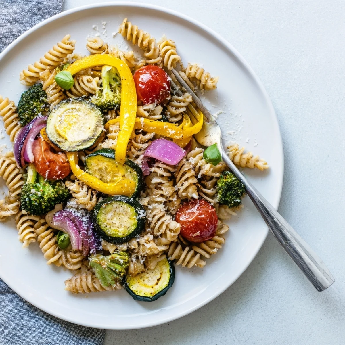 Colorful pasta primavera with seasonal vegetables, lemon wedges, and fresh herbs, ready to enjoy as a light vegetarian meal.