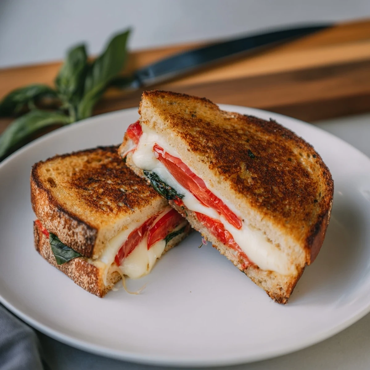 Golden-toasted tomato basil grilled cheese sandwich sliced on a cutting board with melted mozzarella oozing and fresh basil leaves.