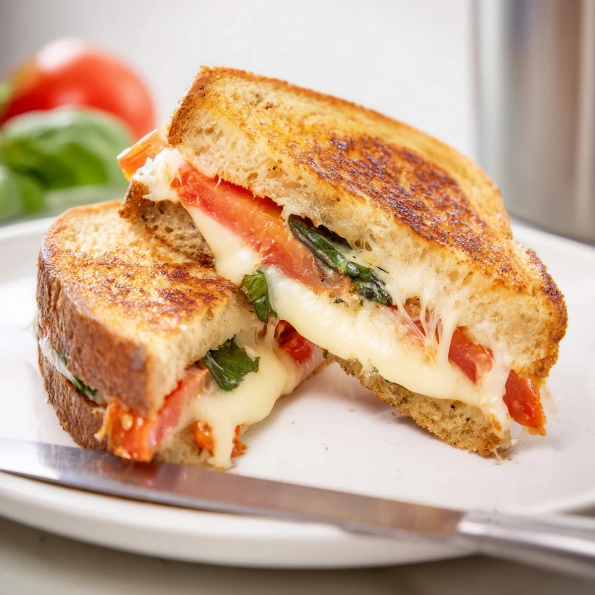 A warm tomato basil grilled cheese rests beside a bowl of creamy tomato soup, perfect for a cozy lunch.