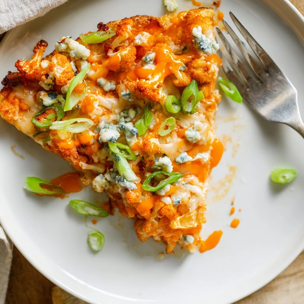 Sizzling hot Buffalo Cauliflower Pizza with golden cheese, celery garnish, and a crispy cauliflower crust.