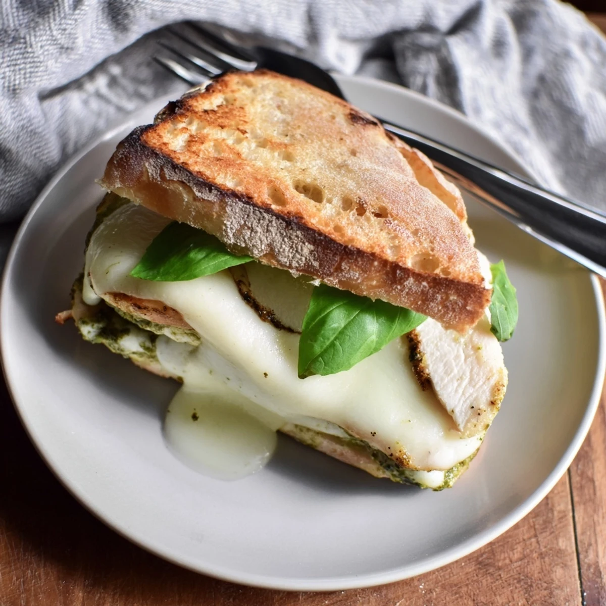 Toasted ciabatta cradling tender herb-seasoned chicken, gooey mozzarella, and fragrant basil pesto, ready to be enjoyed with optional tomato slices for a fresh, colorful bite.
