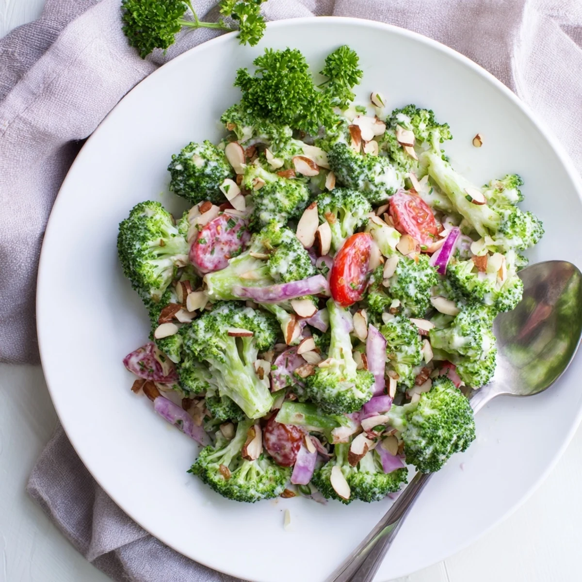 Fresh blanched broccoli florets tossed in creamy garlic-Parmesan dressing, garnished with red onion, cherry tomatoes, and toasted almonds.  