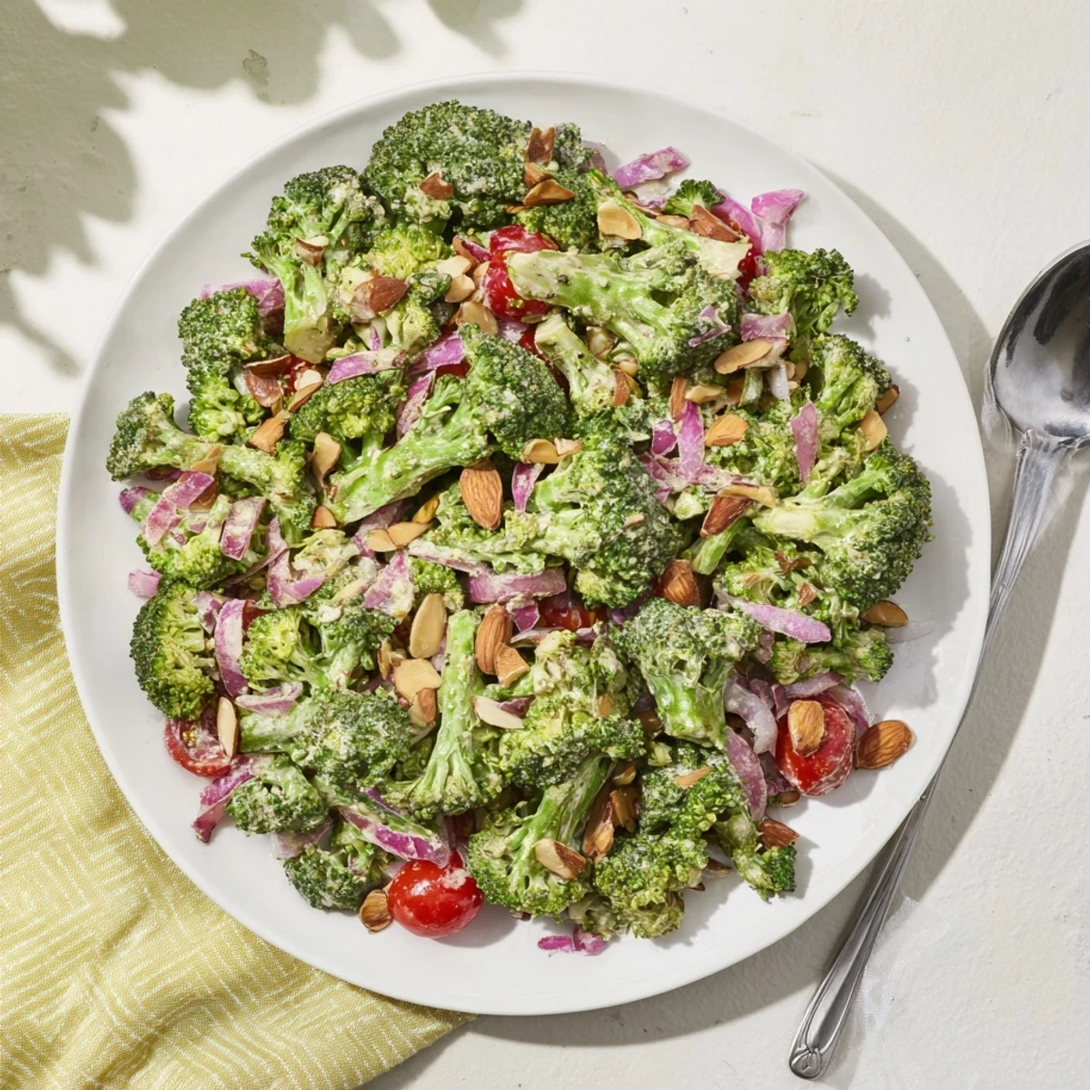 Bright green broccoli salad with tangy Parmesan dressing, sliced red onion, and sunflower seeds on a rustic serving platter.  