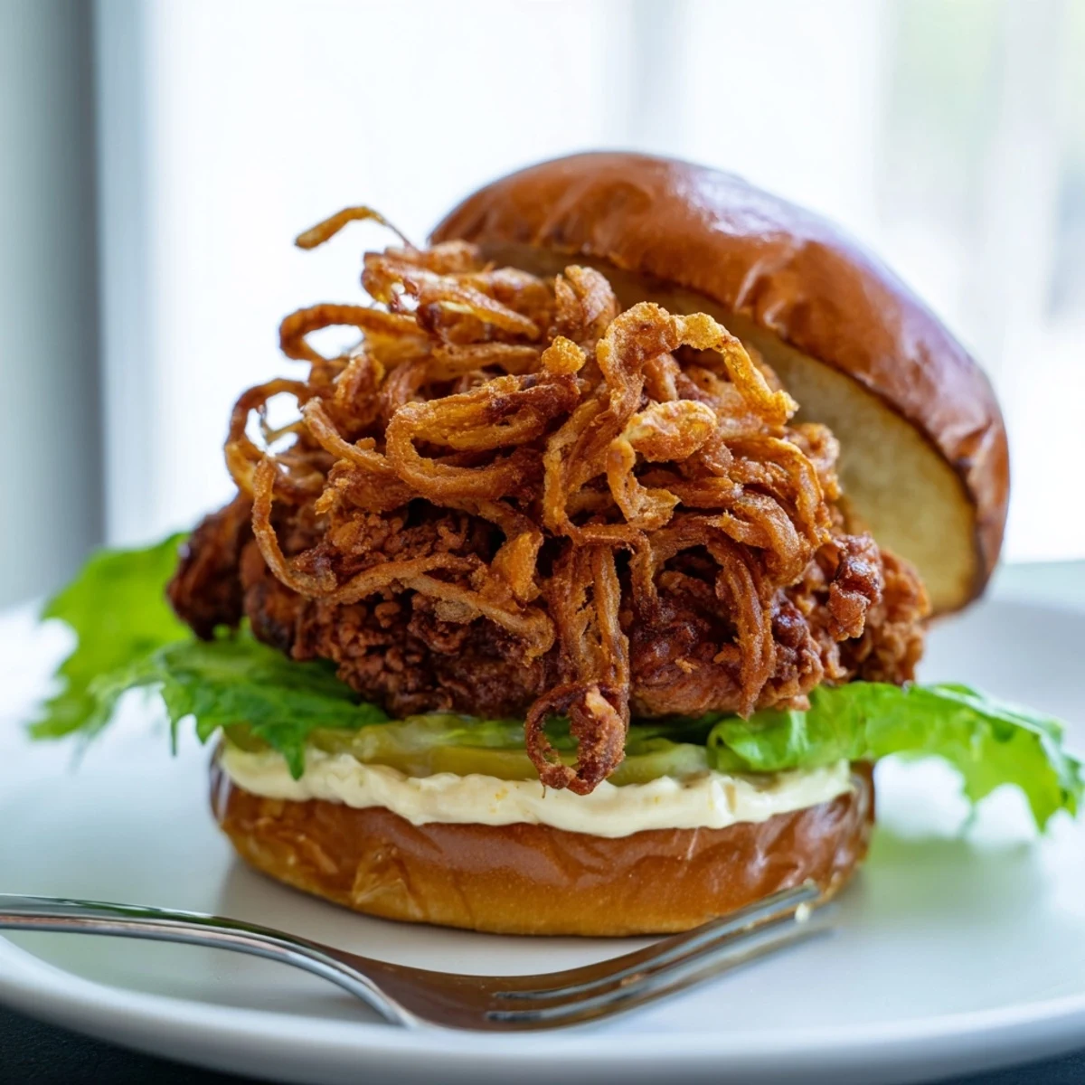 Crispy Onion Chicken Sandwich with golden fried chicken thighs piled on a buttered brioche bun, topped with crunchy fried onions and creamy aioli, served with crisp lettuce leaves for added freshness.  