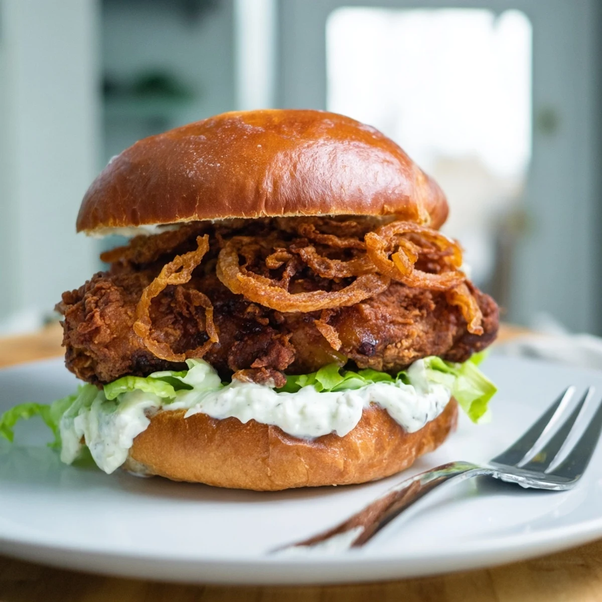 Homemade Crispy Onion Chicken Sandwich with buttermilk-marinated fried chicken thighs, tangy aioli, and crispy fried onions on a toasted brioche bun, served with lettuce and pickles for a perfect bite.