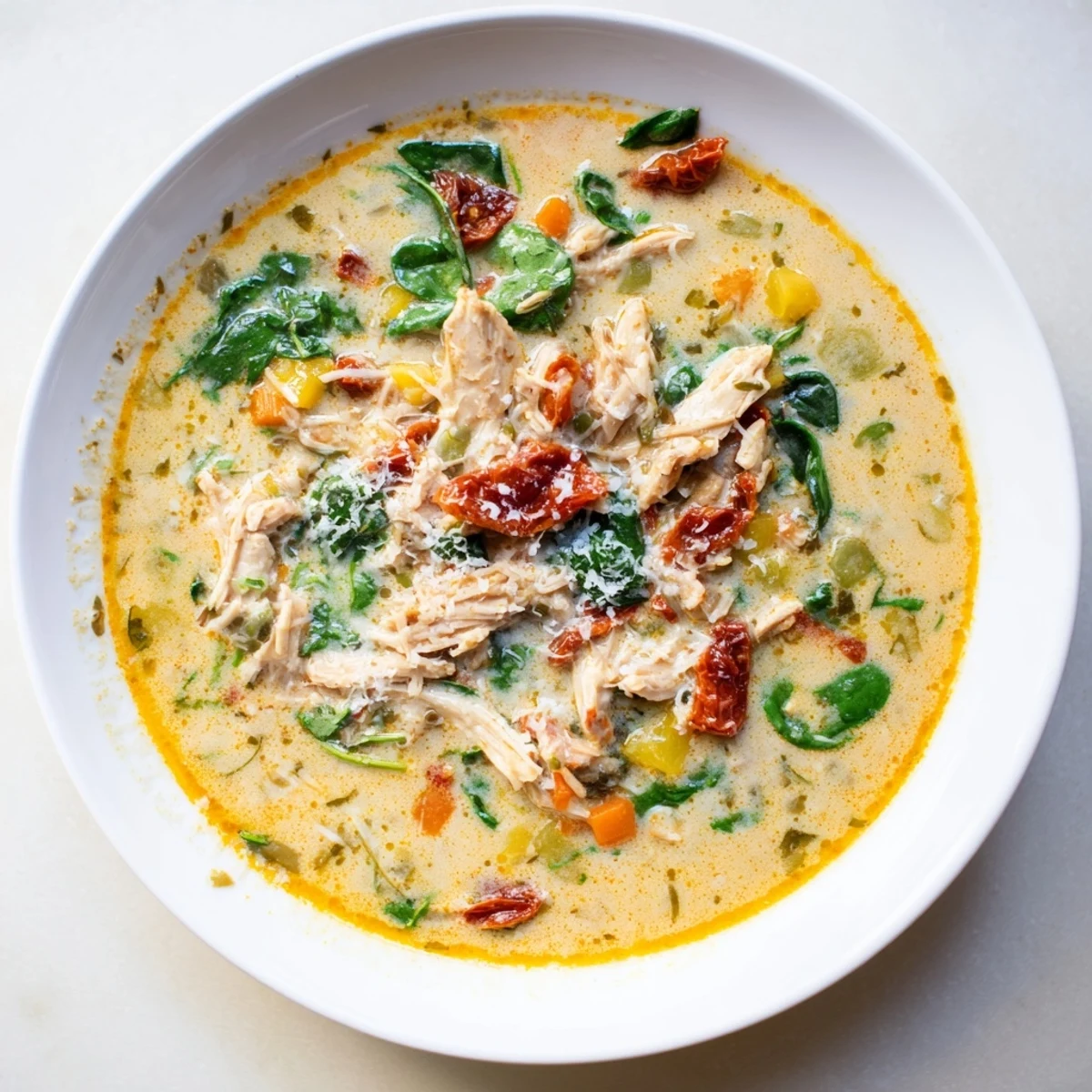 Creamy Tuscan Chicken Soup steaming in a rustic bowl, garnished with extra Parmesan and a drizzle of olive oil.  