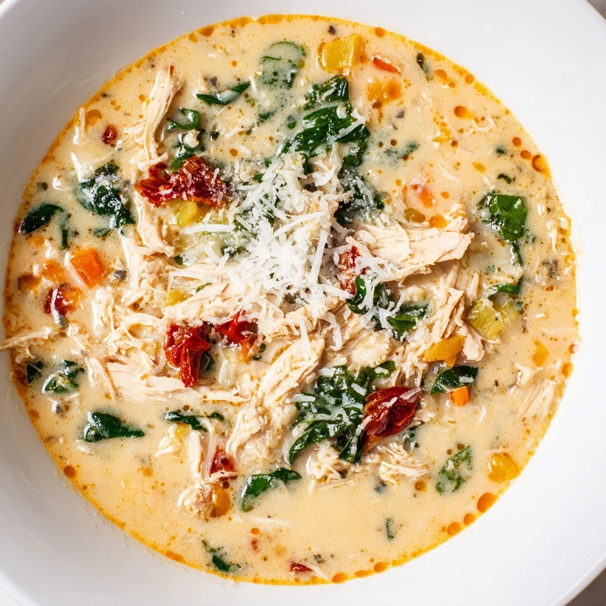 Hearty bowl of Creamy Tuscan Chicken Soup with shredded chicken, wilted spinach, and sun-dried tomatoes.  