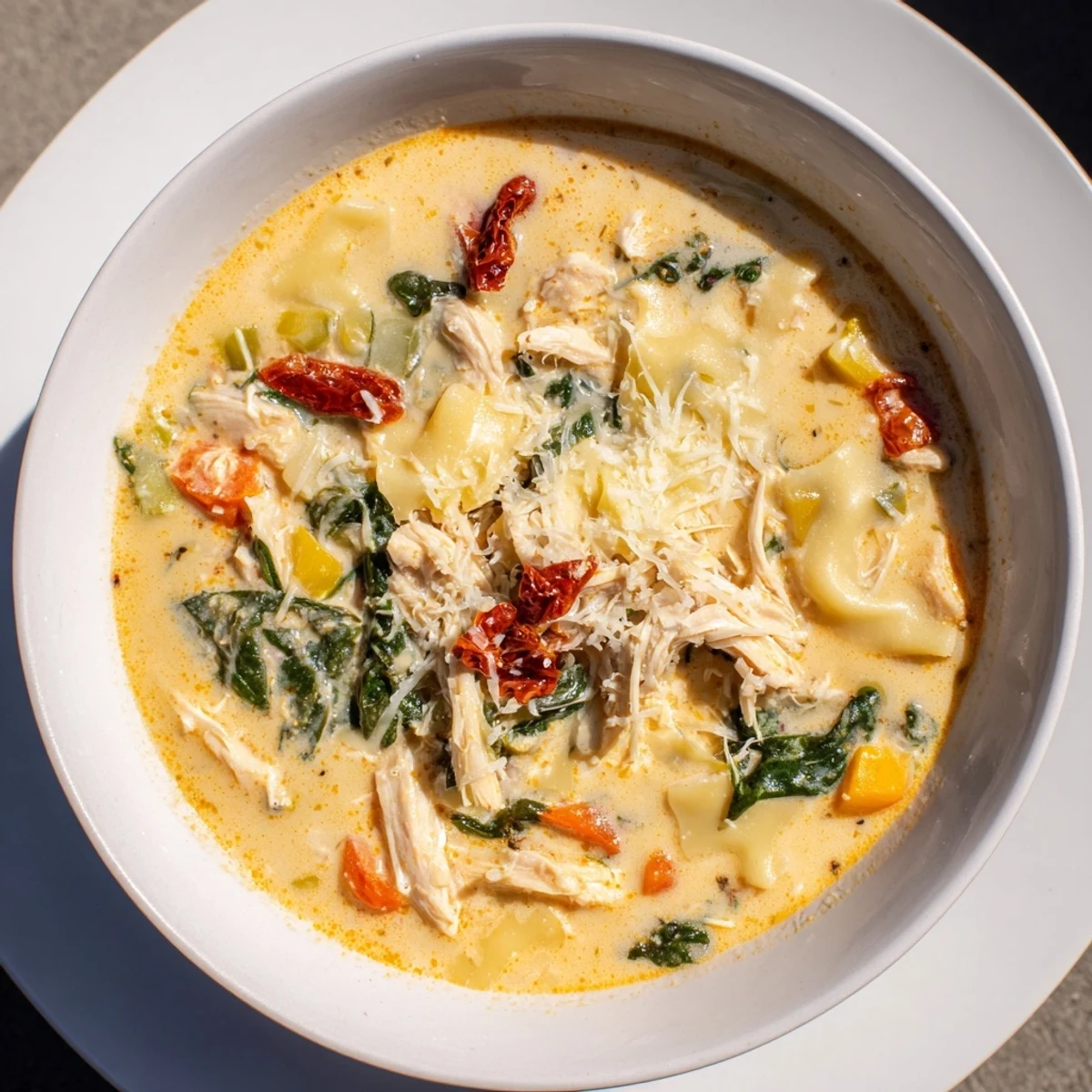 Rich, creamy Creamy Tuscan Chicken Soup ladled into a ceramic bowl, ready for a crusty bread dip.