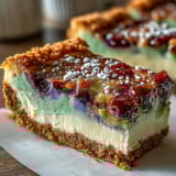 King Cake Cheesecake Bars with Swirled Colors featuring vibrant purple, green, and gold marbled layers on a buttery cinnamon crust, perfect for Mardi Gras celebrations.