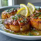 Plump, seared sea scallops glistening in a vibrant lemon butter sauce, garnished with fresh parsley and lemon wedges.