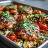 Vibrant Spring Dinner Sheet Pan Chicken with Zucchini and Cherry Tomatoes, a colorful one-pan meal featuring golden chicken, roasted vegetables, and fragrant herbs for a fresh springtime dinner.