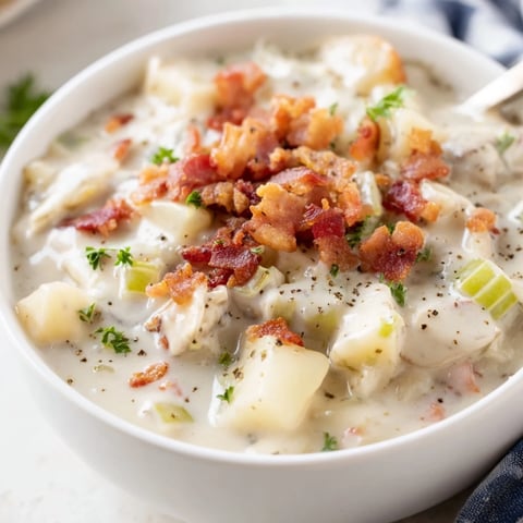 Creamy New England Clam Chowder served in a rustic bowl, topped with crispy bacon.  