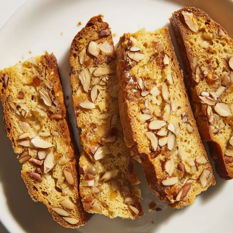 Golden Honey Almond Biscotti arranged on a plate, showcasing their crunchy texture and toasted nuts.  