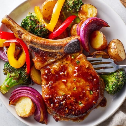 Juicy Sheet Pan Honey Garlic Pork Chops surrounded by vibrant roasted vegetables.  