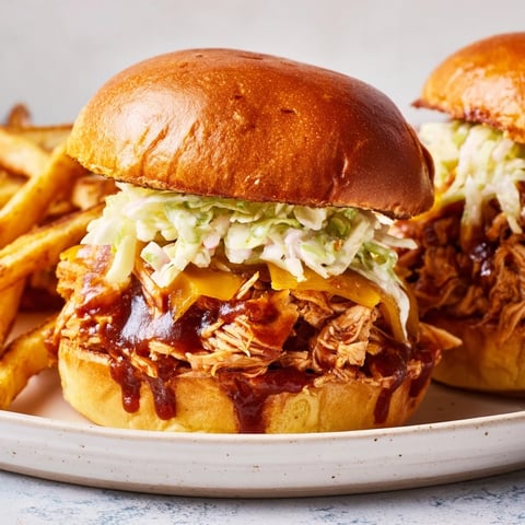 Golden-brown BBQ Chicken Sliders overflowing with tender chicken, cheese, and coleslaw, with crispy fries.