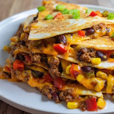 Golden-brown, sheet pan quesadillas with beef brimming with melted cheese and fresh vegetables.