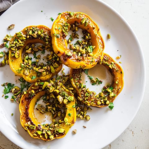 Golden-brown baked delicata squash rings glistening with maple syrup and sprinkled with pistachios.