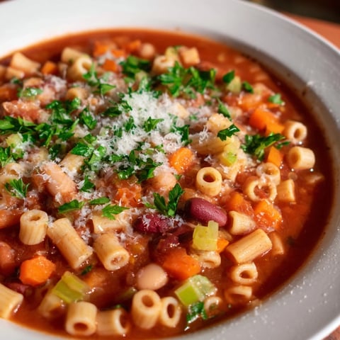 Pasta e Fagioli Soup simmering in a pot with vegetables and herbs, bubbling gently.