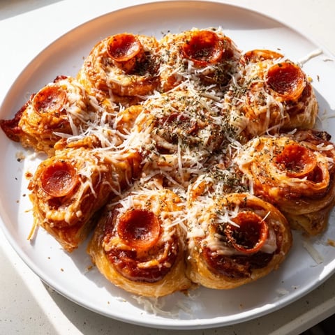 Golden, bubbly Mini Pepperoni Pizza Pinwheels fresh from the oven, offering a tempting, cheesy aroma.