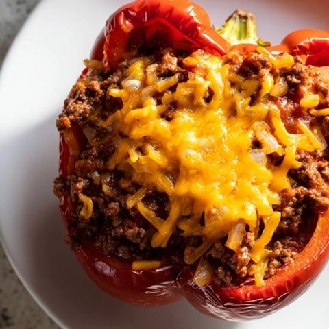 Savory and colorful, Sloppy Joe stuffed bell peppers overflowing with cheesy, delicious beef filling.