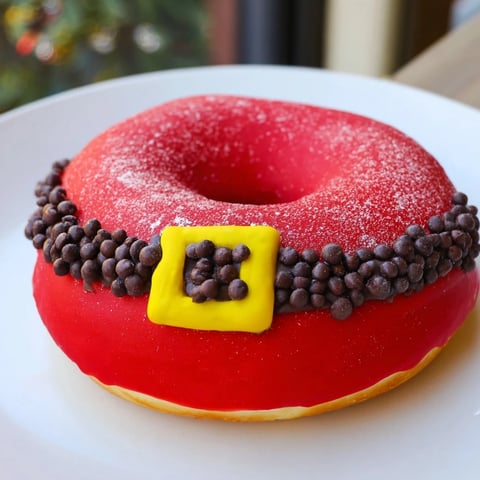 Santa Belly Donuts, vibrant red and chocolate-covered, a festive dessert perfect for Christmas morning.