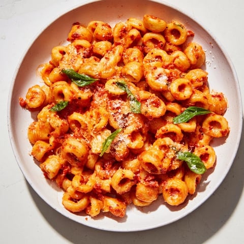 Creamy Spicy Vodka Sauce Ditalini, a vibrant Italian-American pasta in a rich tomato sauce with basil.