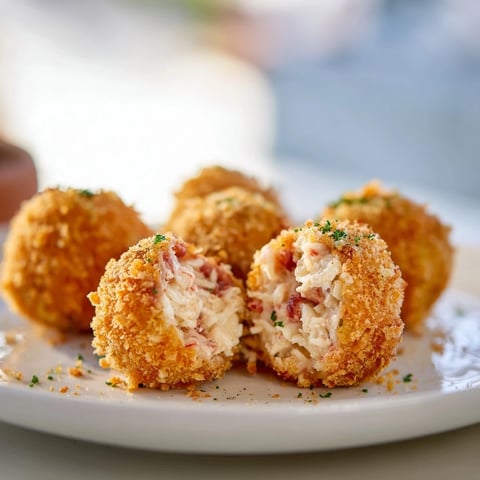 Golden, crispy Creamy Chicken & Rice Arancini Balls ready to eat, served on a white plate.