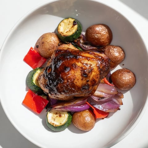 Juicy Black Garlic and Balsamic Chicken Sheet Pan, showcasing roasted chicken and vibrant vegetables, ready to serve.