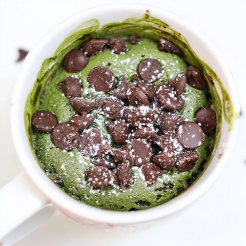 A warm Matcha Peppermint Brownie Batter Mug Cake, a quick, single-serve dessert, ready in your favorite mug!