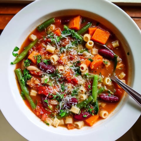 Steaming hot Veggie-Packed Minestrone Christmas Pasta Pot, brimming with colorful vegetables and pasta, ready to warm you.