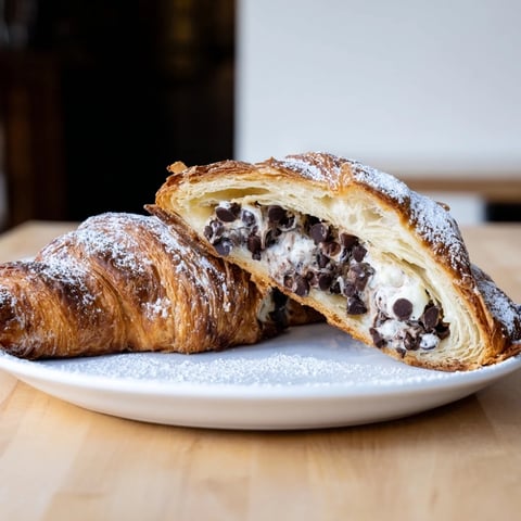 Golden-brown Cookie Croissant with melted chocolate filling, perfect for a sweet breakfast treat.