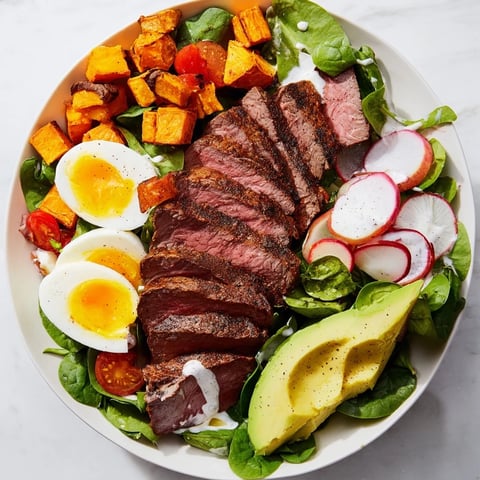 High-Protein Beef Avocado Bowl, with perfectly seared beef, creamy avocado, and vibrant sweet potato.