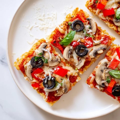 Golden, bubbly Rice Cake Pizza Squares, a quick snack with melted cheese and fresh basil.