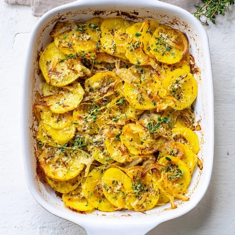 Sizzling French Onion Soup Potatoes feature golden roasted Yukon Gold slices layered with sweet, caramelized onions and melted Gruyère cheese.