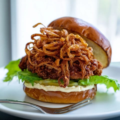 Crispy Onion Chicken Sandwich with golden fried chicken thighs piled on a buttered brioche bun, topped with crunchy fried onions and creamy aioli, served with crisp lettuce leaves for added freshness.  