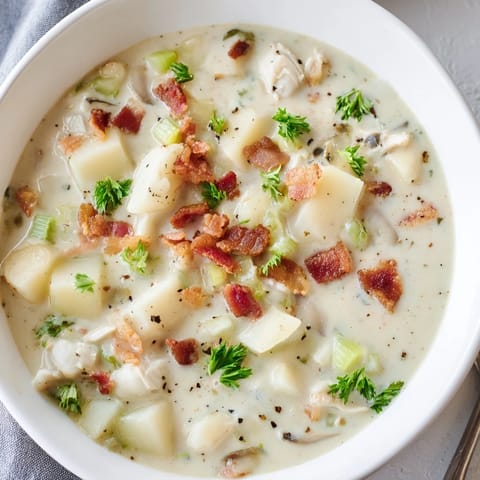 A cozy bowl of Creamy New England Clam Chowder garnished with fresh parsley and bacon.  