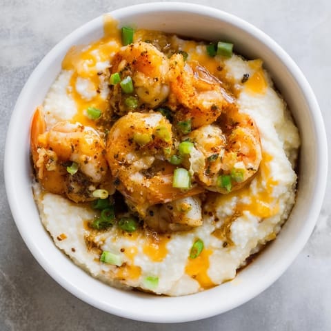 A comforting bowl of Cajun shrimp and grits garnished with fresh scallions.  