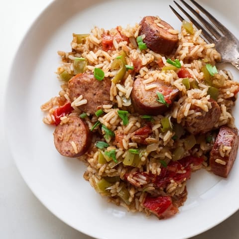 Hearty One-Pot Cajun Sausage and Rice served warm with fresh parsley garnish.  