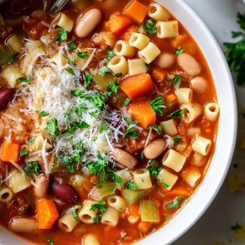 A bowl of warm Pasta e Fagioli Soup, garnished with fresh parsley and Parmesan cheese.