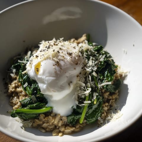 Bright and colorful savoury oatmeal with spinach and a runny egg, a healthy vegetarian meal.