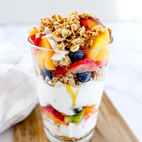 A beautiful view: Yogurt parfait showcasing colorful seasonal fruit and crunchy granola texture.