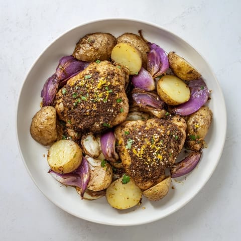 Crispy, golden Pan-Roasted Zaatar Chicken and Potatoes, ready to enjoy with Middle Eastern herbs and spices.