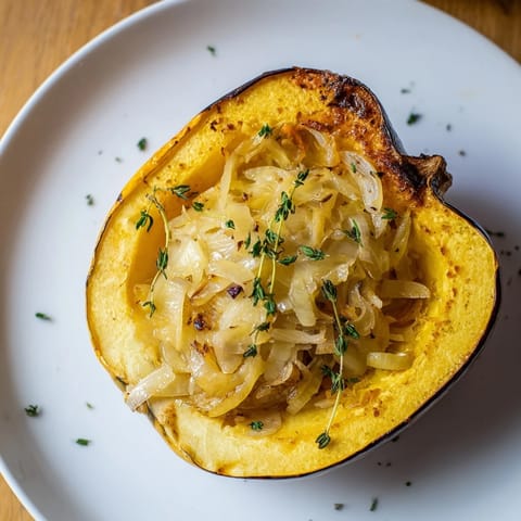 Golden brown Caramelized Onion Gruyere Squash, a vegetarian delight, ready to be devoured with fresh thyme.