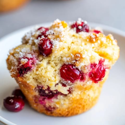 Warm, freshly baked Quick Festive Cranberry Orange Muffins with visible cranberries and a sugared top.