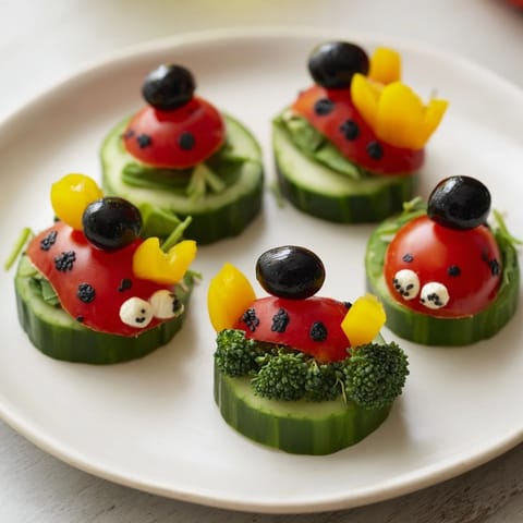 Vibrant Ladybug Garden Platter appetizer, featuring cleverly arranged cherry tomatoes and mozzarella cheese.