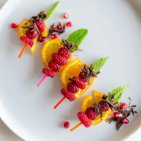 Fresh raspberries, pomegranate seeds, and mint nestled on a cocktail pick for Baisers de Minuit enjoyment.