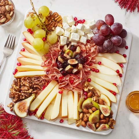 Festive Éclat d’Étoiles Planche de Noël: Imagine this holiday platter with cheeses, meats, and candied treats radiating outward.
