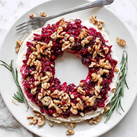 Creamy feta and cranberry wreath dip garnished with fresh herbs and inviting crackers alongside.